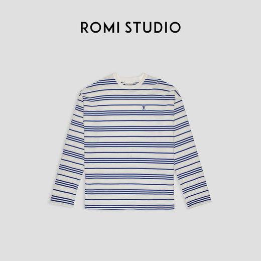 ROMI STUDIO复古率性 松弛感蓝白条纹刺绣圆领宽松长袖t恤 T3476 商品图0