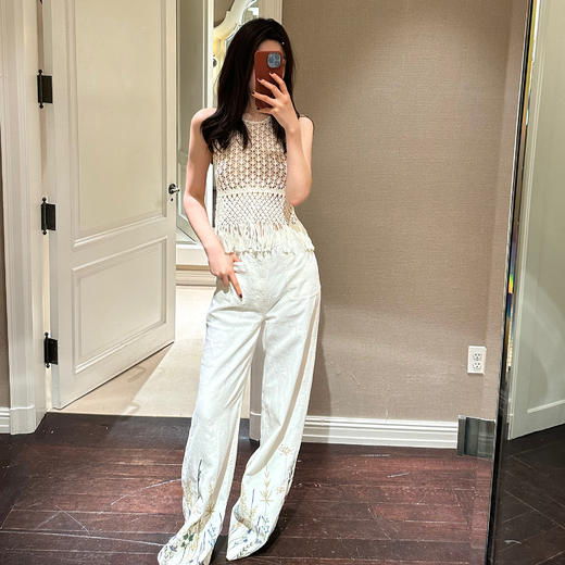 ROMI STUDIO“春日氛围“100%双股亚麻花卉裤脚刺绣阔腿裤23AWK528 商品图1