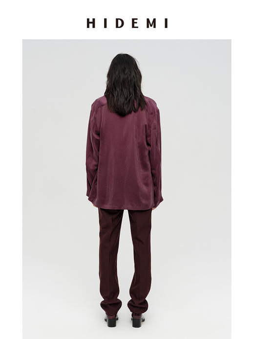 HIDEMI 进口铜氨丝缎面复古翻领式口袋衬衫 古铜酒红/碳黑色 商品图7