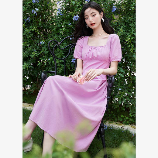 法式浪漫文艺泡泡袖连衣裙女夏季收腰方领短袖连衣裙V1241053 商品图3