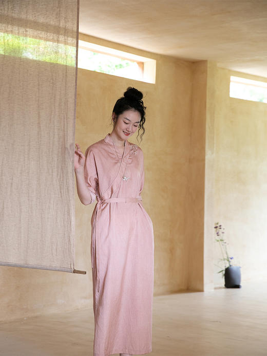 牧衣游原创 炒色丝棉手工刺绣连衣裙复古禅意宽松新中式长裙 浅云 商品图0