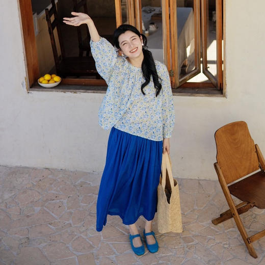 * 绽放旅行女装471朵/高支亚麻手绘绣球水彩印花九分袖圆领短款衬衫 商品图2