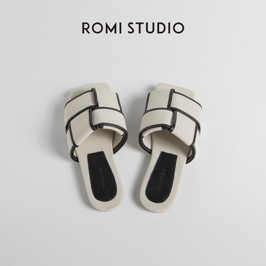 ROMI STUDIO简约休闲 百搭编织方头平底米拼黑色一字拖鞋  S3530 商品图1