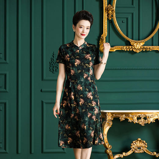 福利款~丁摩 桑蚕丝针织真丝气质长裙修身显瘦印花女士真丝连衣裙4ZF-F3531 商品图0