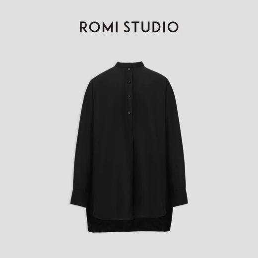 ROMI STUDIO“新中式”醋酸丝麻立领前短后长宽松黑色长衬衣裙T4038 商品图4
