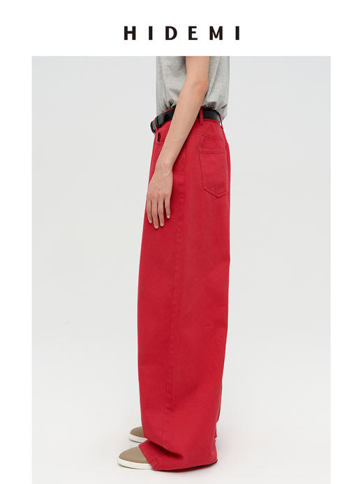 HIDEMI 复古红阔腿宽松中腰牛仔裤长裤 商品图5