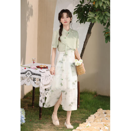 鹿向南 小个子《云雾竹吟》新中式连衣裙2024夏收腰裙子DC00907 商品图3