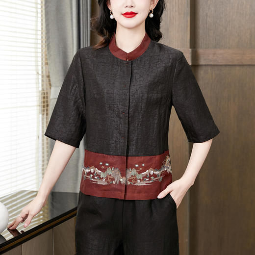 LS-2616香云纱龟裂纹衬衫2024新款夏季立领中袖贵夫人宽松桑蚕丝拼接上衣 商品图0