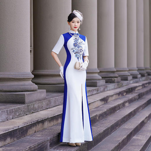 NL297 2024春夏新款 撞色拼接长款高端艺考气质舞台演出礼服旗袍裙 免烫 商品图2