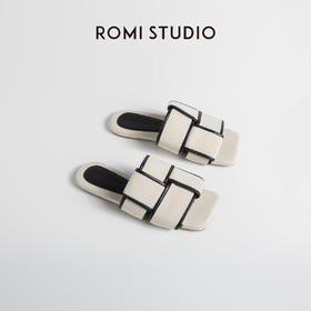 ROMI STUDIO简约休闲 百搭编织方头平底米拼黑色一字拖鞋  S3530