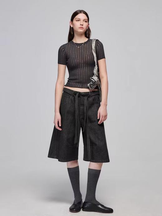 Simple Project/M2440/尼龙混纺坑条针织高领卷边短款紧身短袖 商品图2