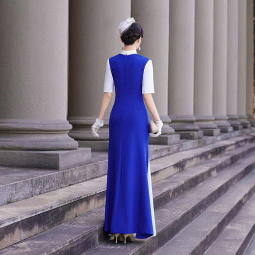 NL297 2024春夏新款 撞色拼接长款高端艺考气质舞台演出礼服旗袍裙 免烫 商品图3