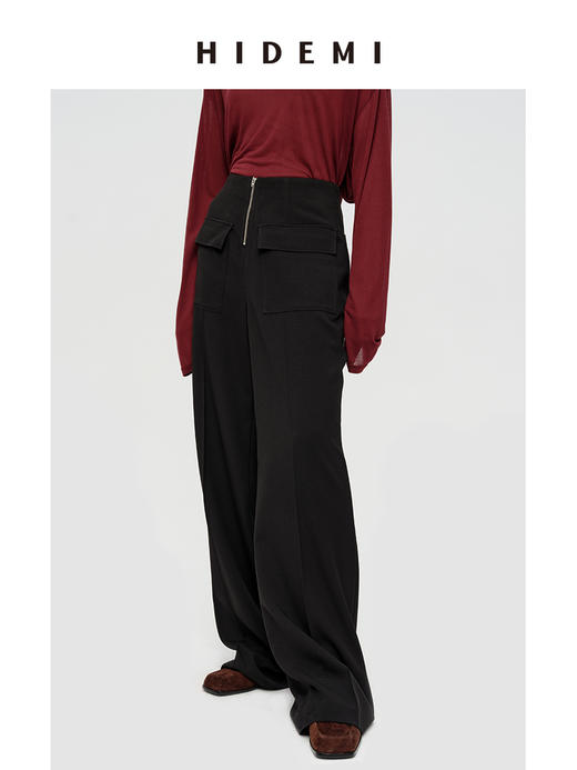 HIDEMI极简显瘦高腰带盖拉链提臀阔腿直筒垂顺长裤 商品图0