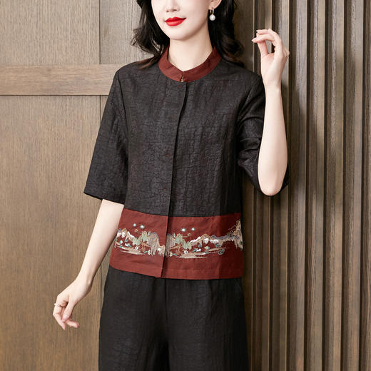 LS-2616香云纱龟裂纹衬衫2024新款夏季立领中袖贵夫人宽松桑蚕丝拼接上衣 商品图2