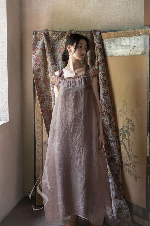 Phaedo  烟紫色/月白色褶边真丝连衣裙 商品图7