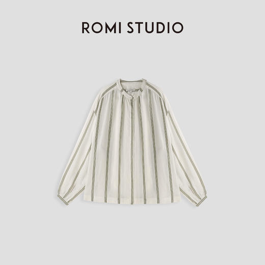 ROMI STUDIO“精致松弛感”亚麻设计感廓形圆领竖条纹衬衣 23AWT108 商品图0