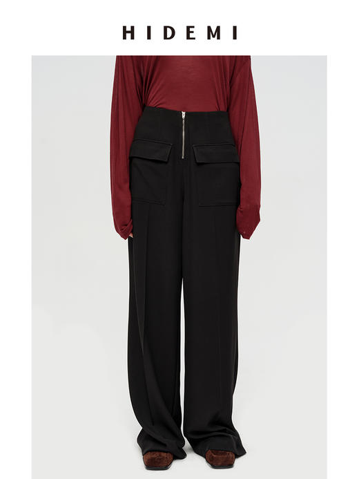 HIDEMI极简显瘦高腰带盖拉链提臀阔腿直筒垂顺长裤 商品图1