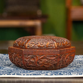 清 竹雕螭凤纹六角盖盒