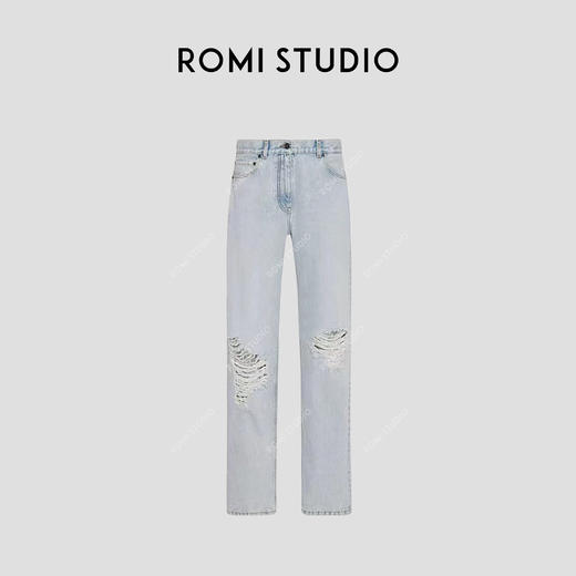 ROMI STUDIO“率性街头”高克重牛仔棉洗水破洞直筒牛仔裤 421N6071 商品图5