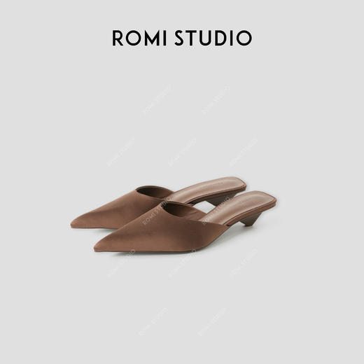 ROMI STUDIO“法式优雅”羊皮拼真丝穆勒尖头中跟半拖鞋 24SSS196 商品图1