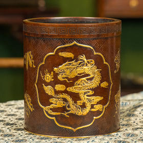 民国 铜鎏金暗八仙龙凤呈祥笔筒