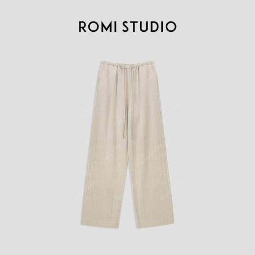 ROMI STUDIO“东方禅意”棉麻酵洗肌理感抽绳收腰直筒长裤 24SSK110 商品图0