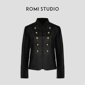 ROMI STUDIO"棕标系列"植鞣绵羊皮立领修身夹克皮衣外套23AWW315