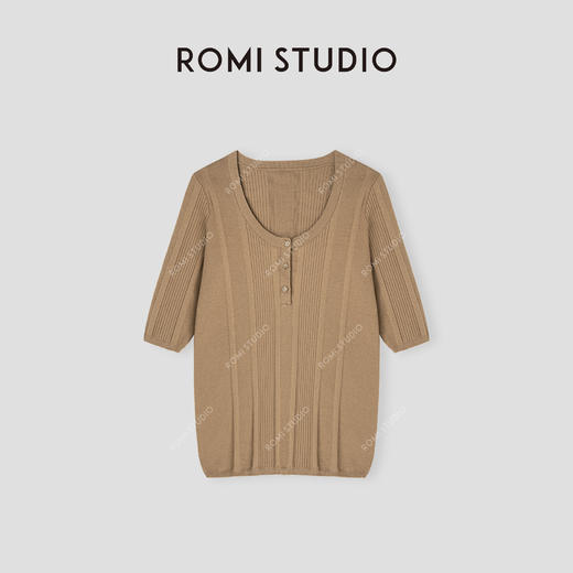 ROMI STUDIO"眸中罗马"18针100%棉坑条半开领中袖针织衫24SSF131 商品图0