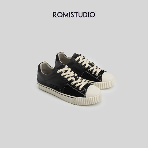 ROMI STUDIO小众简约 百搭皮质帆布撞色拼接饼干休闲鞋 S3537 商品图2