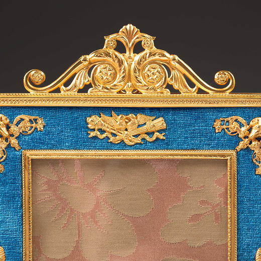独角鹿西洋古董19世纪末法国出品新古典主义风格精雕铜鎏金蓝色丝绒相框 商品图1