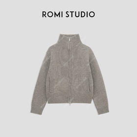 ROMI STUDIO“贵妇老钱”100%羊毛拉链立领燕麦灰针织开衫23AWM1214