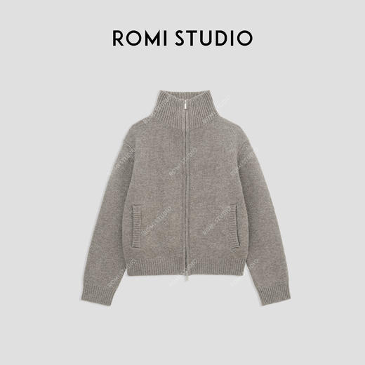 ROMI STUDIO“贵妇老钱”100%羊毛拉链立领燕麦灰针织开衫23AWM1214 商品图0