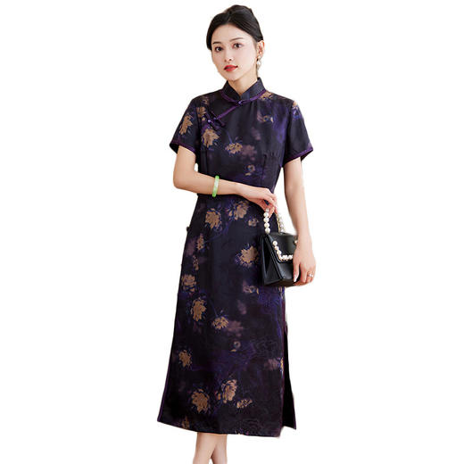 LS-2393真丝香云纱连衣裙女2024新款夏季短袖印花旗袍桑蚕丝裙 商品图4