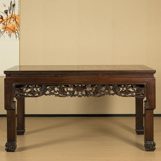 清 红木镶海藻螺透雕灵芝纹活面大画桌 商品图0