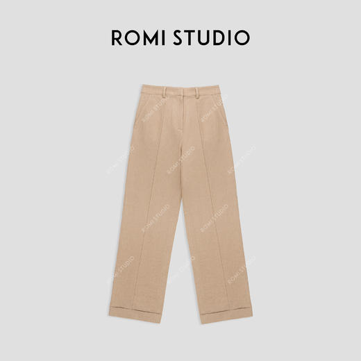 ROMI STUDIO“法式贵妇”棉麻高腰直筒修身灰绿色直筒裤24SSK002 商品图0