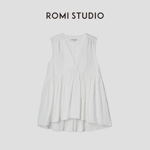 ROMI STUDIO百搭休闲 简约V领收腰荷叶边复古白无袖背心T3232白色 商品图4