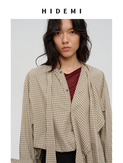 HIDEMI 极简廓形不对称堆叠感设计感圆领长袖衬衫上衣 马斯正红/奶油米/色织格纹 商品图6