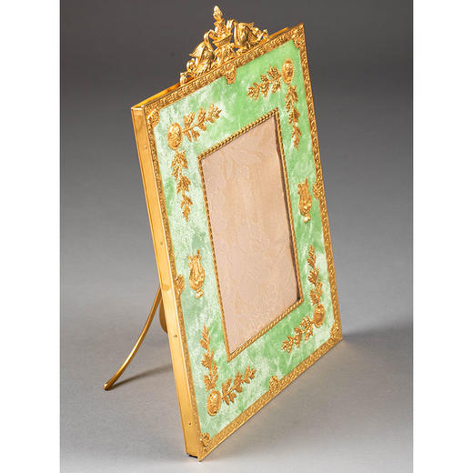 独角鹿西洋古董19世纪末法国出品帝政风格精雕铜鎏金天鹅造型装饰绿色丝绒相框 商品图2