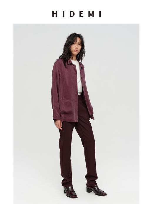 HIDEMI 进口铜氨丝缎面复古翻领式口袋衬衫 古铜酒红/碳黑色 商品图4