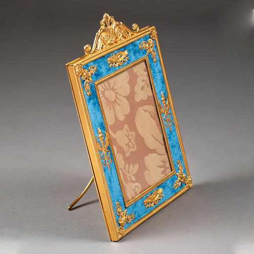 独角鹿西洋古董19世纪末法国出品新古典主义风格精雕铜鎏金蓝色丝绒相框 商品图2