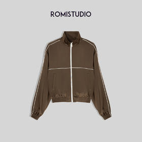 ROMI STUDIO“内外兼备”重磅醋酸撞色立领茶咖色夹克外套23AWT075