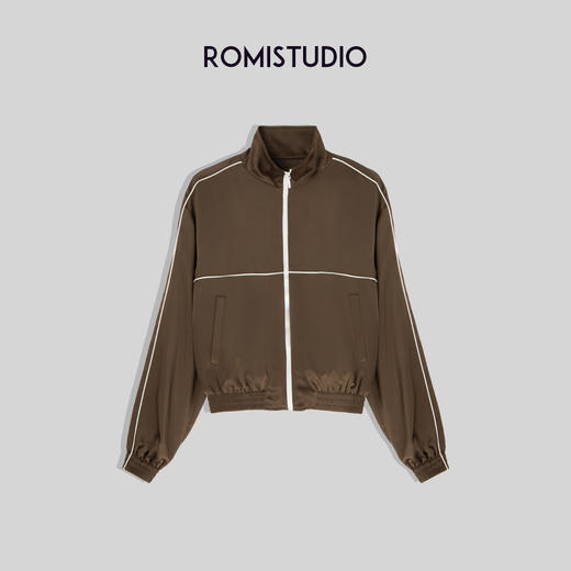 ROMI STUDIO“内外兼备”重磅醋酸撞色立领茶咖色夹克外套23AWT075 商品图0