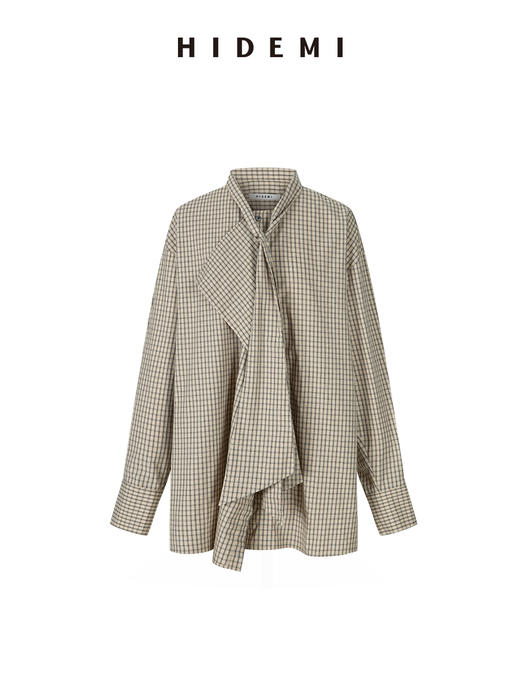 HIDEMI 极简廓形不对称堆叠感设计感圆领长袖衬衫上衣 马斯正红/奶油米/色织格纹 商品图9