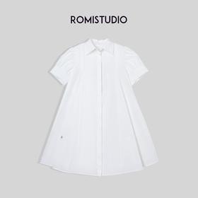 ROMI STUDIO法式翻领 轻奢通勤中袖宽松A字伞裙白色连衣裙D3071