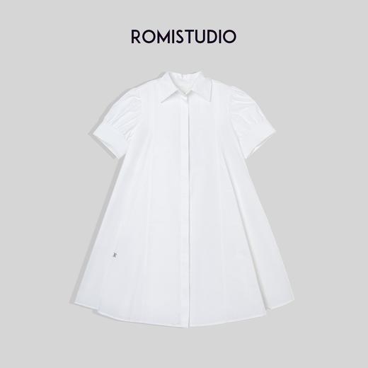 ROMI STUDIO法式翻领 轻奢通勤中袖宽松A字伞裙白色连衣裙D3071 商品图0