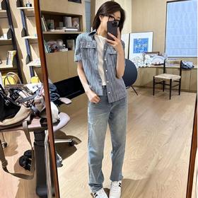 ROMI STUDIO“随手穿”系列复古休闲翻领经典条纹口袋短袖衬衣T3856