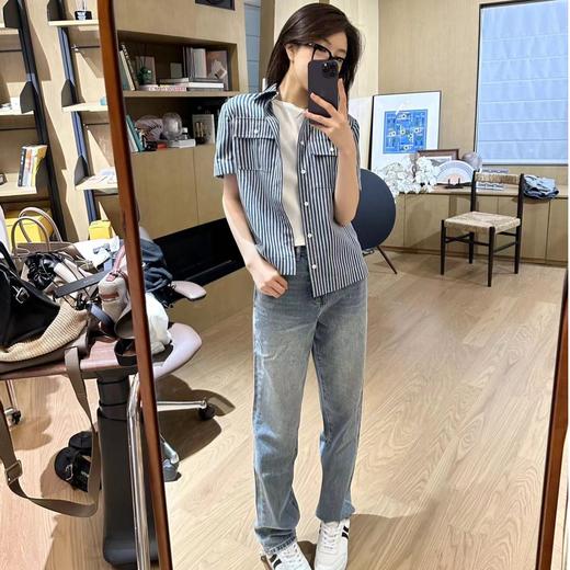 ROMI STUDIO“随手穿”系列复古休闲翻领经典条纹口袋短袖衬衣T3856 商品图0