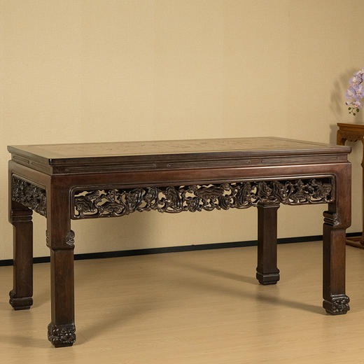 清 红木镶海藻螺透雕灵芝纹活面大画桌 商品图4