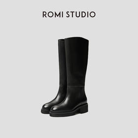 ROMI STUDIO“经典升级”头层牛皮斜口不过膝粗跟长筒靴23AWS054