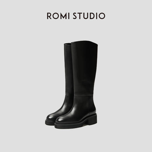 ROMI STUDIO“经典升级”头层牛皮斜口不过膝粗跟长筒靴23AWS054 商品图0